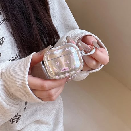 CUTECASE Airpods 5ケース オーロラクリア リボン柄 Airpodspro3/2/カバー 大人可愛い Airpods4/3 ラメ入り・リング付きCM6842