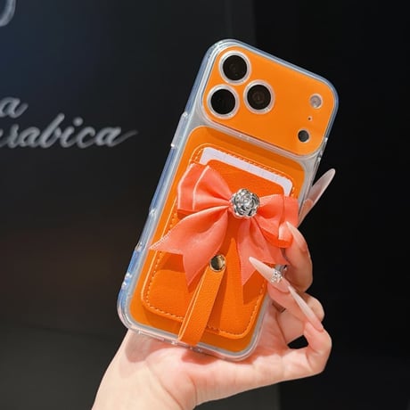CUTECASEリボンデコカード入れ付iPhone17Promaxケースカメラ保護 iPhone16Pro/15pro/14ケース 肌に優しい かわいいCM6598