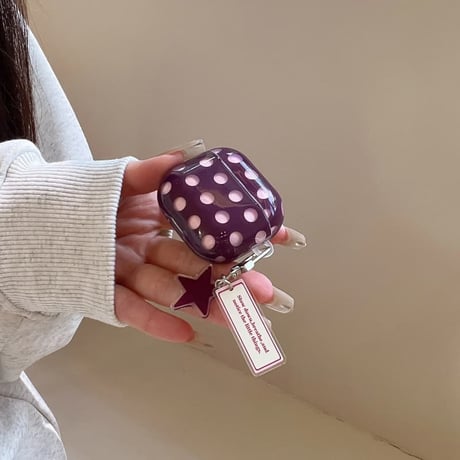 CUTECASE AirPods 5/4ケース ドット柄 パープル AirpodsPro3/Pro2カバー 星型チャーム・メッセージタグ付き/カラビナ 韓国風CM6877