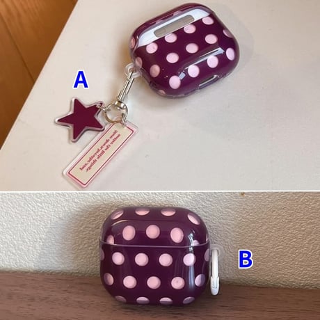 CUTECASE AirPods 5/4ケース ドット柄 パープル AirpodsPro3/Pro2カバー 星型チャーム・メッセージタグ付き/カラビナ 韓国風CM6877