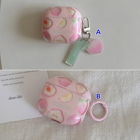 CUTECASE モモ Airpods Pro3ケース 韓国風 Airpods4/3カバー pro2/pro1 リング/キーホルダー ピンクCM6607