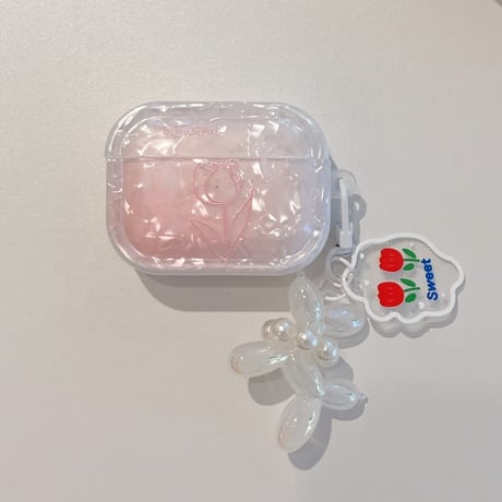 CUTECASE シェル風チューリップ柄 Airpods Pro3ケース ピンク Airpods4/3カバー pro2/pro1 真珠デコ犬ちゃん ギフトにおすすめCM6596