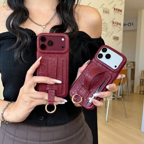 CUTECASEカード収納＆ハンドベルト iPhone18Pro/18ProMax クロコ型押し レザー調 iPhone17/16/15カバー レザー調 スタンド機能 リング金具付きCM6866