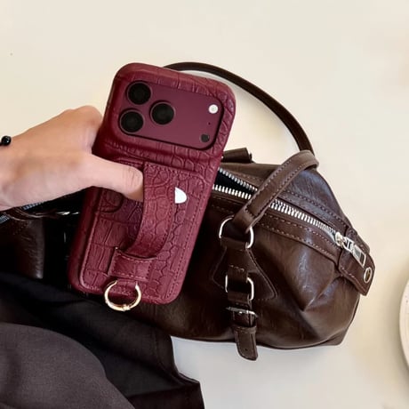 CUTECASEカード収納＆ハンドベルト iPhone18Pro/18ProMax クロコ型押し レザー調 iPhone17/16/15カバー レザー調 スタンド機能 リング金具付きCM6866