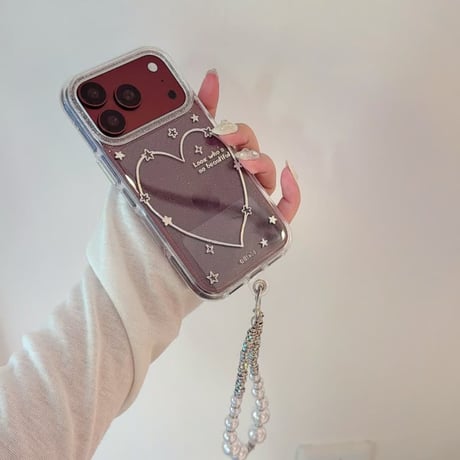 CUTECASE きらめくハート＆星柄 iPhone18Proケース グリッタークリア iPhone18ProMax/17Pro/16Promaxカバー パール風ハンドストラップ付き CM6885
