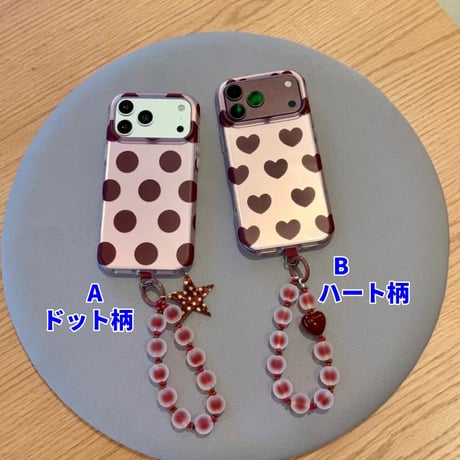 CUTECASE ドット＆ハート柄 iPhone18Proケース 艶感 iPhone18ProMax/17Pro/16ProMaxカバー ビーズハンドストラップ CM6900