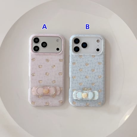 CUTECASEリボンスタンド iPhone17Promaxケース熊さん iPhone16Pro/15/14ケース 淡色系 ガーリーファッションCM6608