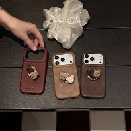 CUTECASE 熊ちゃんパールリング付き iPhone18Pro/18ProMaxケース レザー調 iPhone17Pro/16/15カバー ヴィンテージライク 大人可愛いCM6837