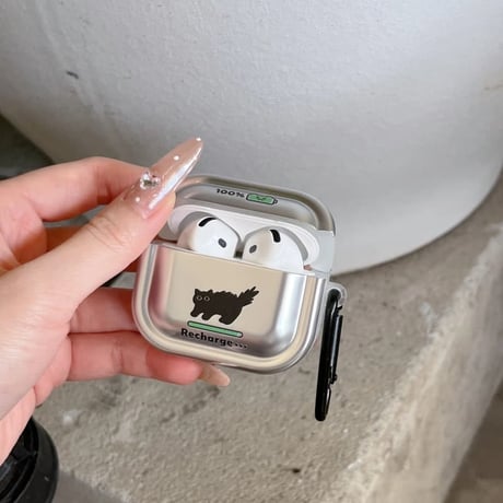 CUTECASE Airpods 5 対応ケース メタリックシルバー 黒猫 Airpodspro3/2/カバー Airpods4/3 カラビナ付き 指紋防止CM6804