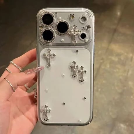CUTECASE クロスモチーフ×パール ビジューデコ iPhone18Pro/18ProMaxケース クリア iPhone17/16Pro/15カバー 個性 トレンドファッションCM6765