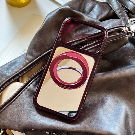 CUTECASE バーガンディ ミラー付き iPhone18Pro/18ProMaxケース リングスタンド一体型 iPhone17/16Pro/15カバー メイク直しも動画視聴もこれ1つ CM6850