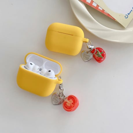CUTECASE 充電口カバー付 Airpods Pro3ケース トマトキーホルダー付 Airpods 4/3カバー AirpodsPro2/1 イェロー 使いやすい CM6626