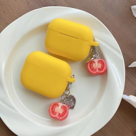 CUTECASE 充電口カバー付 Airpods Pro3ケース トマトキーホルダー付 Airpods 4/3カバー AirpodsPro2/1 イェロー 使いやすい CM6626