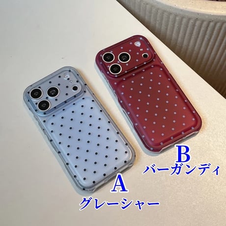 CUTECASE 水玉ドット柄 iPhone18Pro/18proMaxケース カメラ保護 iPhone17Pro/16/15カバー バーガンディ／グレーシャー 大人かわいい CM6783
