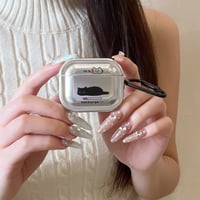 CUTECASE Airpods 5 対応ケース メタリックシルバー 黒猫 Airpodspro3/2/カバー Airpods4/3 カラビナ付き 指紋防止CM6804