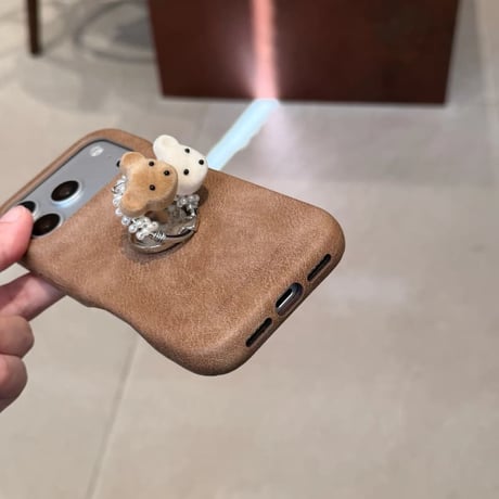 CUTECASE 熊ちゃんパールリング付き iPhone18Pro/18ProMaxケース レザー調 iPhone17Pro/16/15カバー ヴィンテージライク 大人可愛いCM6837