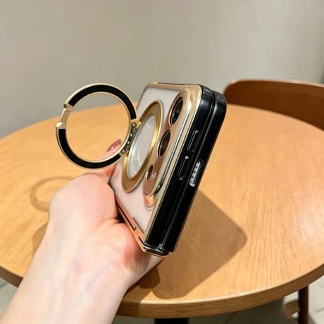 CUTECASE iPhone Duo専用ケース 強化ガラスフィルム一体型 360°回転リングスタンド付き ヒンジ保護 MagSafe対応 メッキ 高透明 耐衝撃 黄ばみにくい CM6845