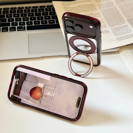 CUTECASE バーガンディ ミラー付き iPhone18Pro/18ProMaxケース リングスタンド一体型 iPhone17/16Pro/15カバー メイク直しも動画視聴もこれ1つ CM6850