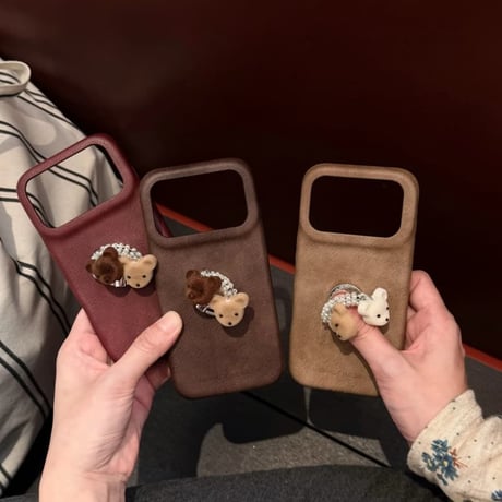 CUTECASE 熊ちゃんパールリング付き iPhone18Pro/18ProMaxケース レザー調 iPhone17Pro/16/15カバー ヴィンテージライク 大人可愛いCM6837