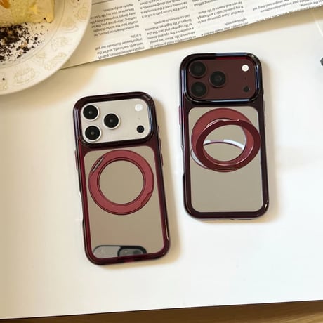 CUTECASE バーガンディ ミラー付き iPhone18Pro/18ProMaxケース リングスタンド一体型 iPhone17/16Pro/15カバー メイク直しも動画視聴もこれ1つ CM6850