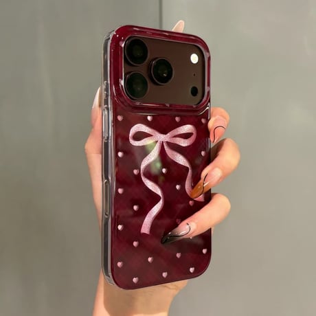 CUTECASE バーガンディに合う iPhone18Pro/18ProMaxケース リボン／ハート柄 チェック柄 オトナ可愛い iPhone17/16/15Proカバー 大人ガーリーCM6849