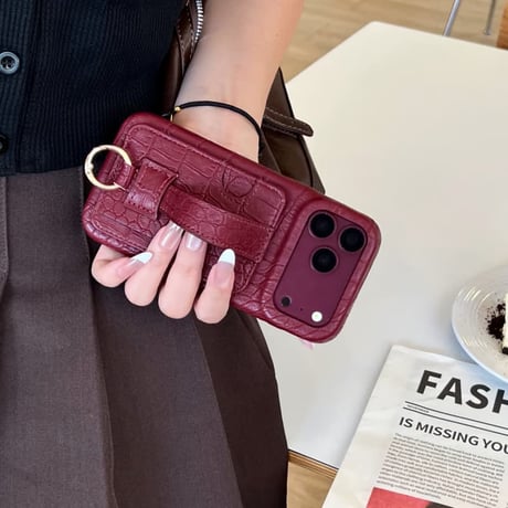 CUTECASEカード収納＆ハンドベルト iPhone18Pro/18ProMax クロコ型押し レザー調 iPhone17/16/15カバー レザー調 スタンド機能 リング金具付きCM6866