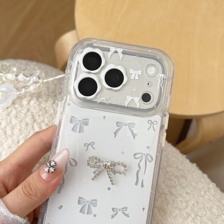 CUTECASEリボン柄iPhone17Promaxケース花ストラップ iPhone16Pro/15ProMaxケース カメラ保護カバー ホワイトCM6564