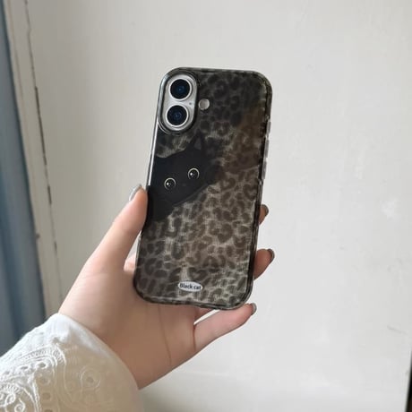 CUTECASE オーロラ豹柄 黒猫イラスト iPhone18Pro/18ProMaxケース 個性的トレンド レオパード iPhone17/16/15カバー オーロラ光沢 大人可愛いCM6817
