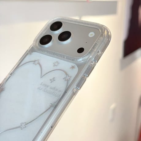 CUTECASE きらめくハート＆星柄 iPhone18Proケース グリッタークリア iPhone18ProMax/17Pro/16Promaxカバー パール風ハンドストラップ付き CM6885