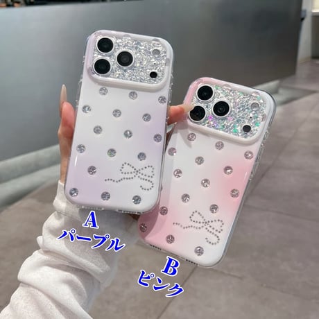 CUTECASEドット柄 リボン柄 iPhone18Proケース キラキラグラデーション iPhone18ProMax/17Pro/16ProMaxカバー グリッターカメラカバー CM6883