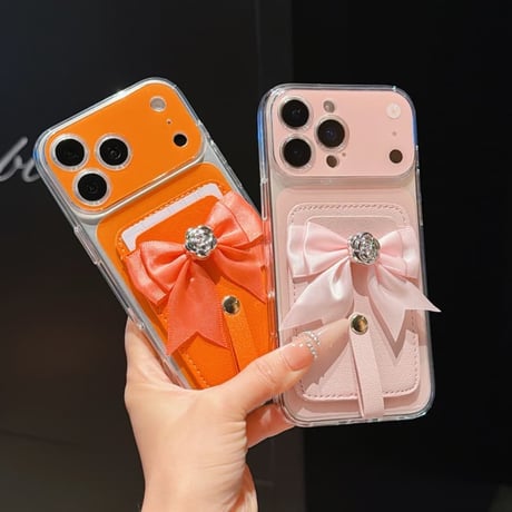 CUTECASEリボンデコカード入れ付iPhone17Promaxケースカメラ保護 iPhone16Pro/15pro/14ケース 肌に優しい かわいいCM6598