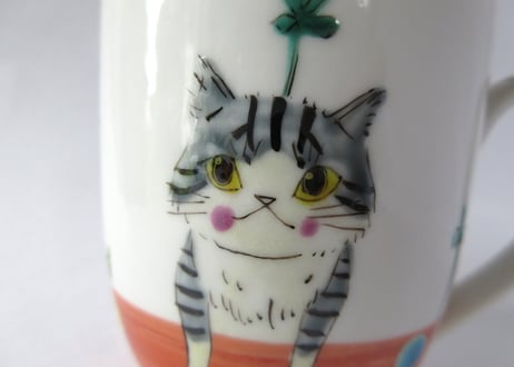 九谷焼 東早苗 クローバー猫とピヨのマグカップ＊サバトラ猫