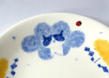 みなかわねこ　ねこの丸絵皿 ブルー＆イエロー