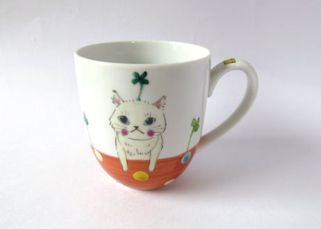 九谷焼 東早苗 クローバー猫とピヨのマグカップ＊白猫