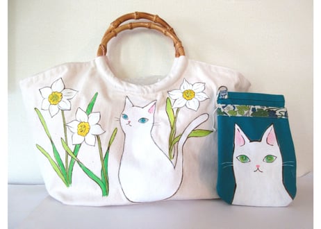 AtelierHASU　おおきな帆布バッグ＆サコッシュセット＊猫と水仙