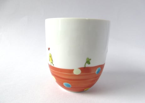 九谷焼 東早苗 クローバー猫とピヨのマグカップ＊茶トラ