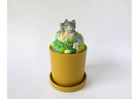 あたり工房　木彫り猫の小物入れ大 ＊サバトラ猫