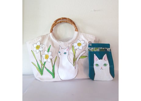 AtelierHASU　おおきな帆布バッグ＆サコッシュセット＊猫と水仙