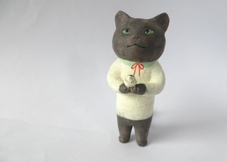 イキモノ雑貨 豆福堂 猫の置物 小鳥と黒猫