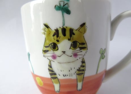 九谷焼 東早苗 クローバー猫とピヨのマグカップ＊茶白猫