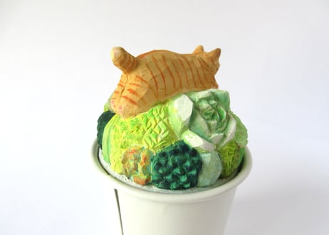 あたり工房　木彫り猫の小物入れ大 ＊チャトラ猫