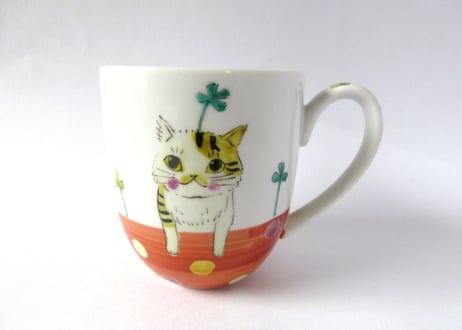 九谷焼 東早苗 クローバー猫とピヨのマグカップ＊白茶猫