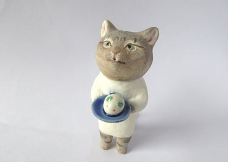 イキモノ雑貨 豆福堂 猫の置物 猫と雪うさぎ
