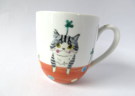 九谷焼 東早苗 クローバー猫とピヨのマグカップ＊サバトラ猫