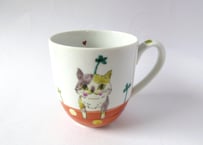 九谷焼 東早苗 クローバー猫とピヨのマグカップ＊三毛猫