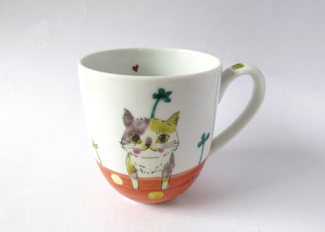九谷焼 東早苗 クローバー猫とピヨのマグカップ＊三毛猫