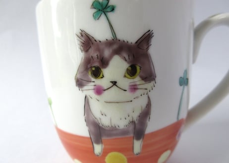 九谷焼 東早苗 クローバー猫とピヨのマグカップ＊ハチワレ猫