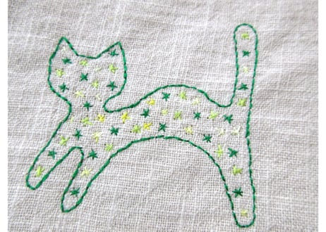 ねこ刺繍＊リネンの手提げ＊グリーン
