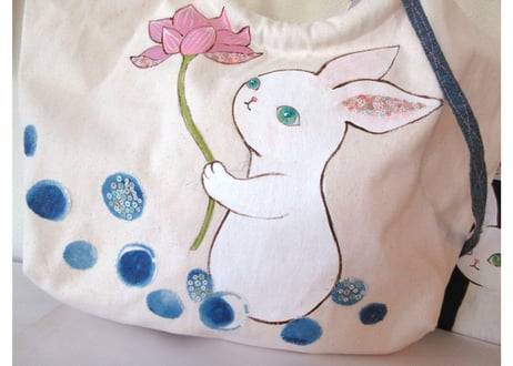 AtelierHASU　おおきな帆布バッグ＆サコッシュセット＊うさぎと蓮の花