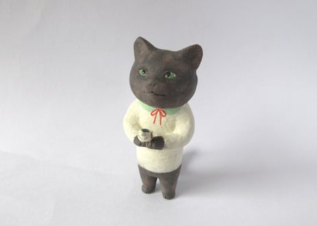 イキモノ雑貨 豆福堂 猫の置物 小鳥と黒猫